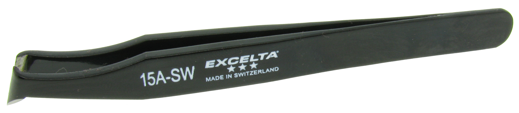 Excelta 15A-SW Angulated 4.5in. Carbon Steel .010 Soft Wire Cutting Tweezer close up 2