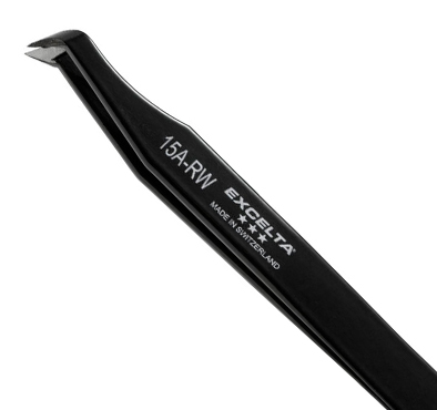 Excelta 15A-RW Angulated 4.5in. Carbon Steel .010in. Soft Wire Cutting Tweezer close up