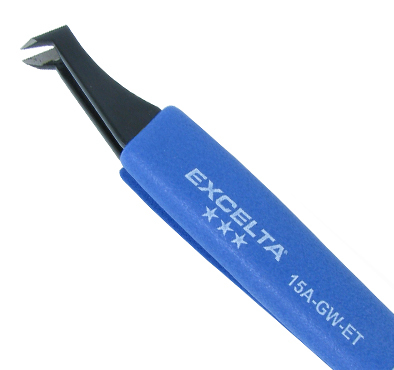 Excelta 15A-GW-ET Angulated 4.5in. Carbon Steel .010in. Soft Wire Cutting Tweezer close up