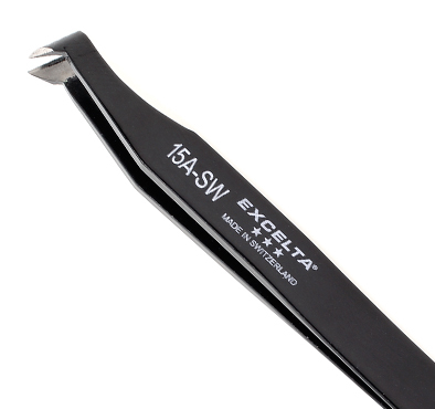 Excelta 15A-SW Angulated 4.5in. Carbon Steel .010 Soft Wire Cutting Tweezer close up