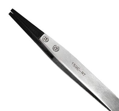 Excelta 159C-RT Straight Soft Replaceable .080in. Tip 5in. Carbofib Tweezer close up