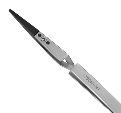 Excelta 179DN-RT Straight Soft Replaceable .08in. Tip Copolymer Reverse Action Tweezer close up