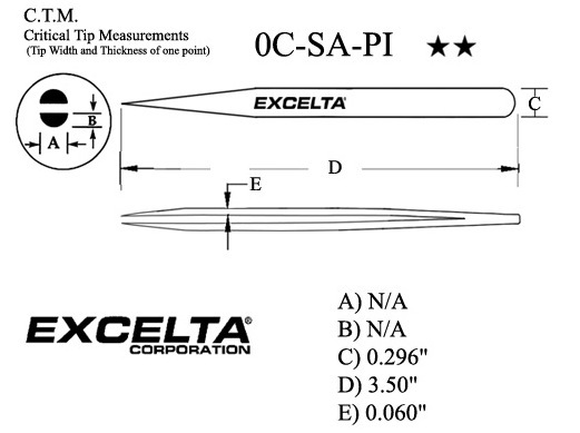 Excelta 0C-SA-PI 3.5in Miniature Tweezer Measurements