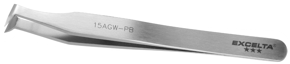 Excelta 15A-GW-PB Angulated 4.5in. Carbon Steel Short Fine Point Parallel Blade Cutting Tweezer close up