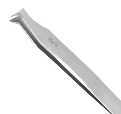 Excelta 15A-S Angulated 4.5in. Stainless Steel .010in. Soft Wire Cutting Tweezer close up