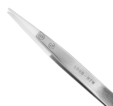 Excelta 159B-RTW Straight Soft Replaceable .04in. Tip 5in. Acetal Tweezer close up