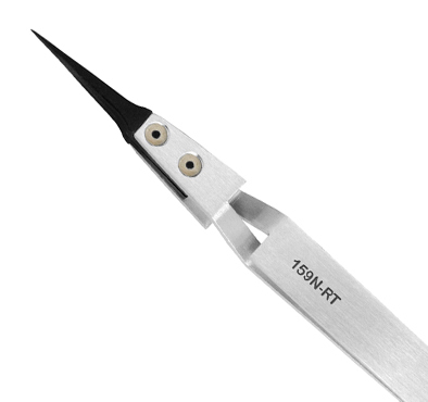 Excelta 159N-RT Straight Soft Replaceable .012in. 5 in. Carbofib Tweezer close up