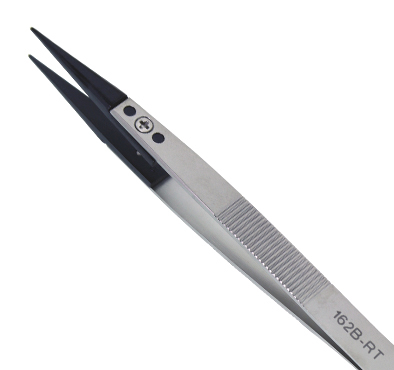 Excelta 162B-RT Straight Soft Replaceable .040in. Tip 5in. Black Peek Tweezer close up