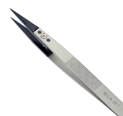 Excelta 162A-RT Straight Soft Replaceable .020in. Tip 5in. Black Peek Tweezer close up