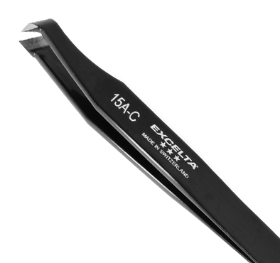 Excelta 15A-C Angulated 4.5in. Carbon Steel Transverse Point Cutting Tweezer close up