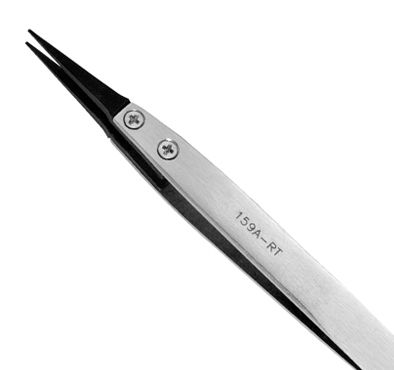 Excelta 159A-RT Straight Fine Soft Replaceable .020in. Tip 5in. Carbofib Tweezer close up