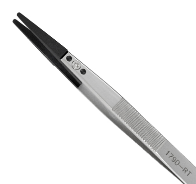 Excelta 179D-RT Straight Soft Replaceable .08in. Tip 5in. Copolymer Tweezer close up