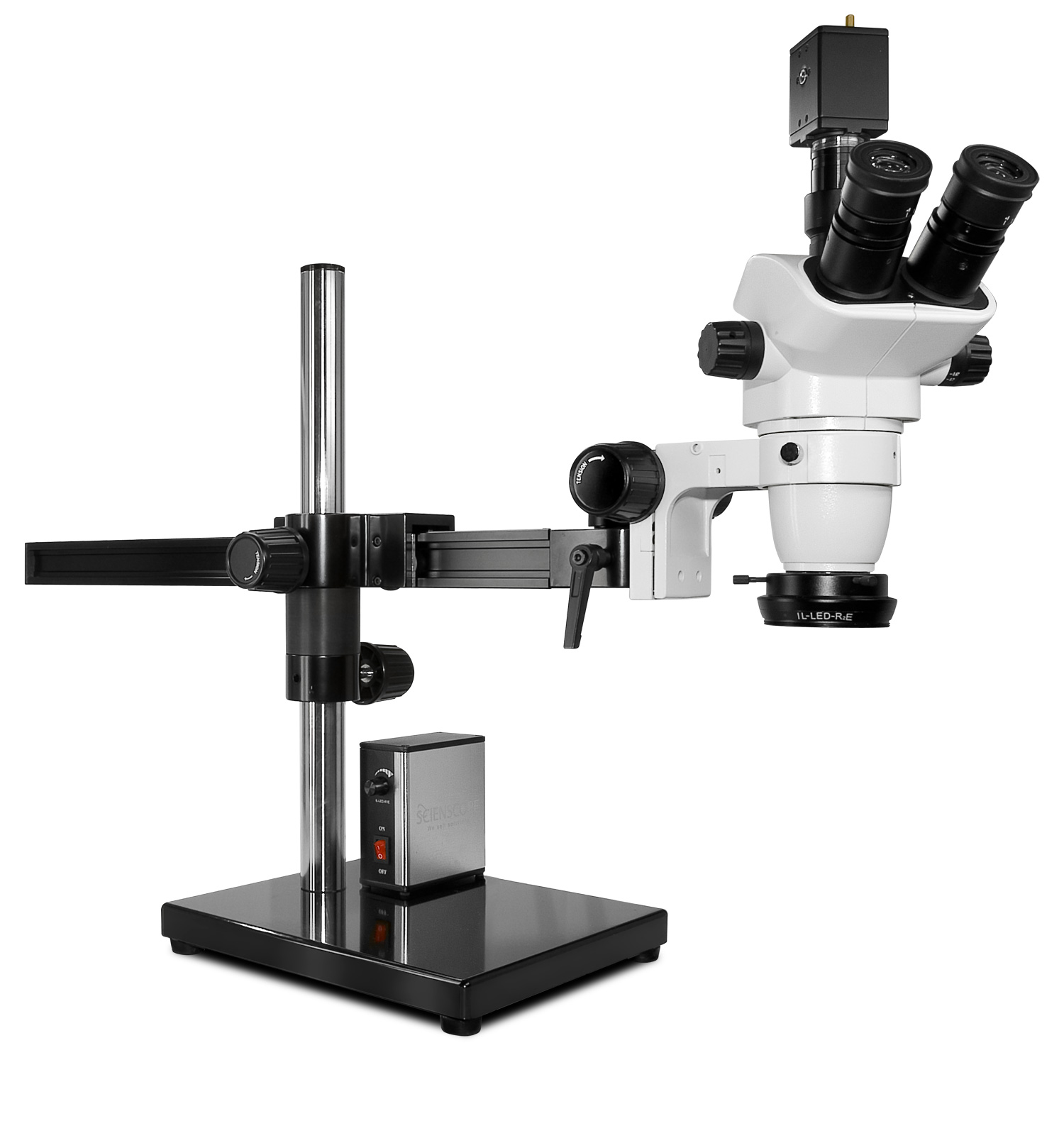 Scienscope SSZ-II Trinocular Microscope, Gliding Arm Boom Stand, LED Ring Light