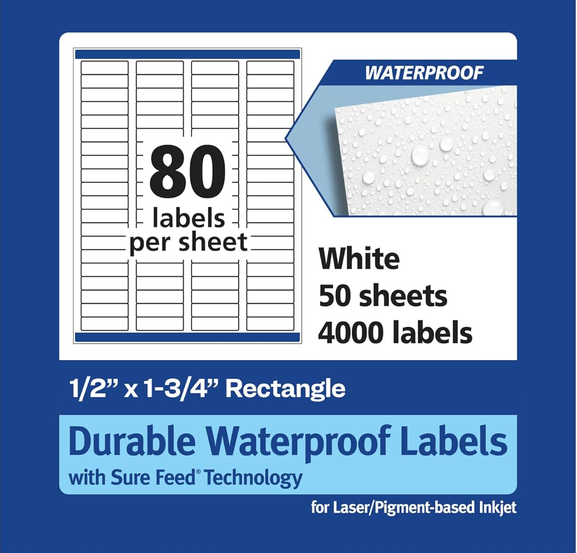 Durable Waterproof Rectangular Labels with Safe Feeding 0.5 x 1.75 inches, , 4000