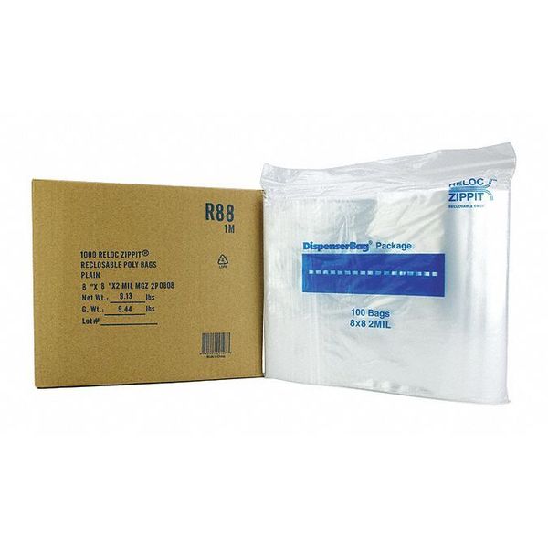 R88, CLEAR BAG 8X8, 1000/CASE,, reloc, ziptop,
